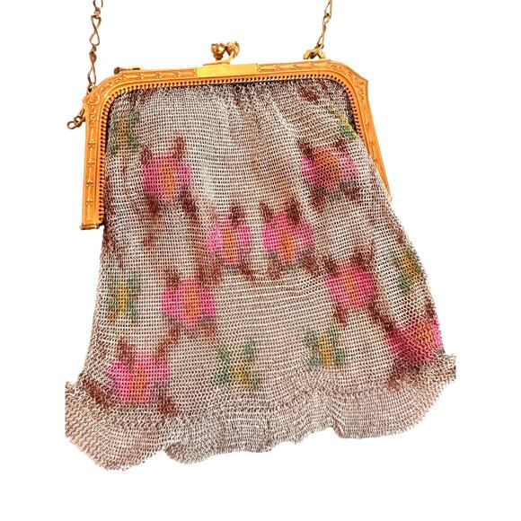 Whiting Davis Antique Mesh Purse White Flower Print 1920s Vintage Bag - Picture 1 of 10